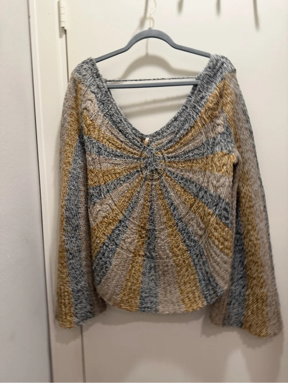 Free People Striped Twist-Front V-Neck Sweater in Gray & Mustard wool blend